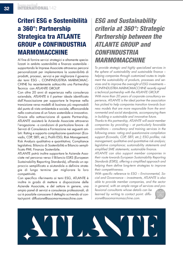 Trafiletto Partnership su Marmomacchine International
