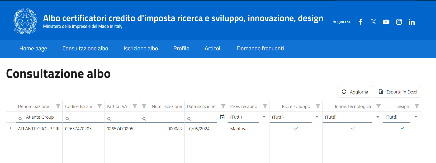 Atlante Group iscritto all'Albo Certificatori per attività di R&S, innovazione e design